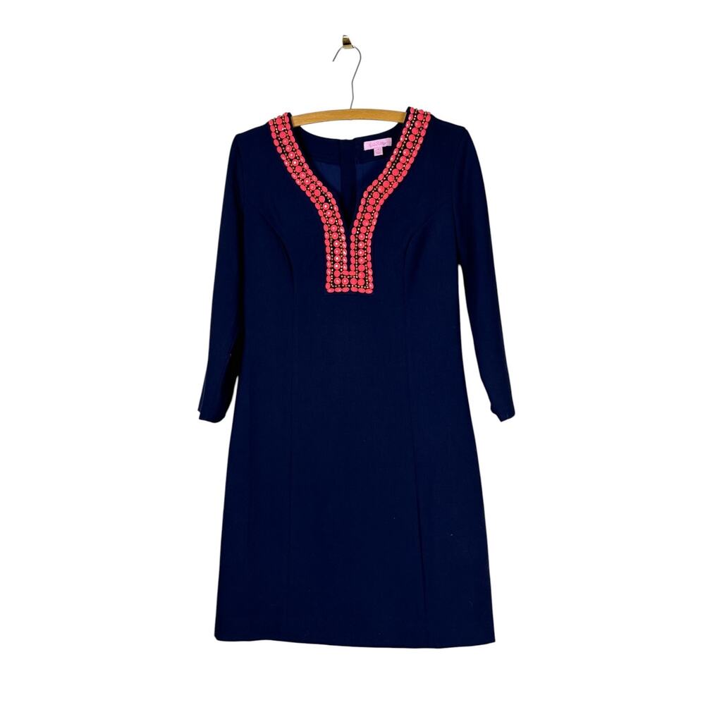 Lilly Pulitzer Bennett Shift Dress Navy Blue Coral Beaded Neckline Size 6